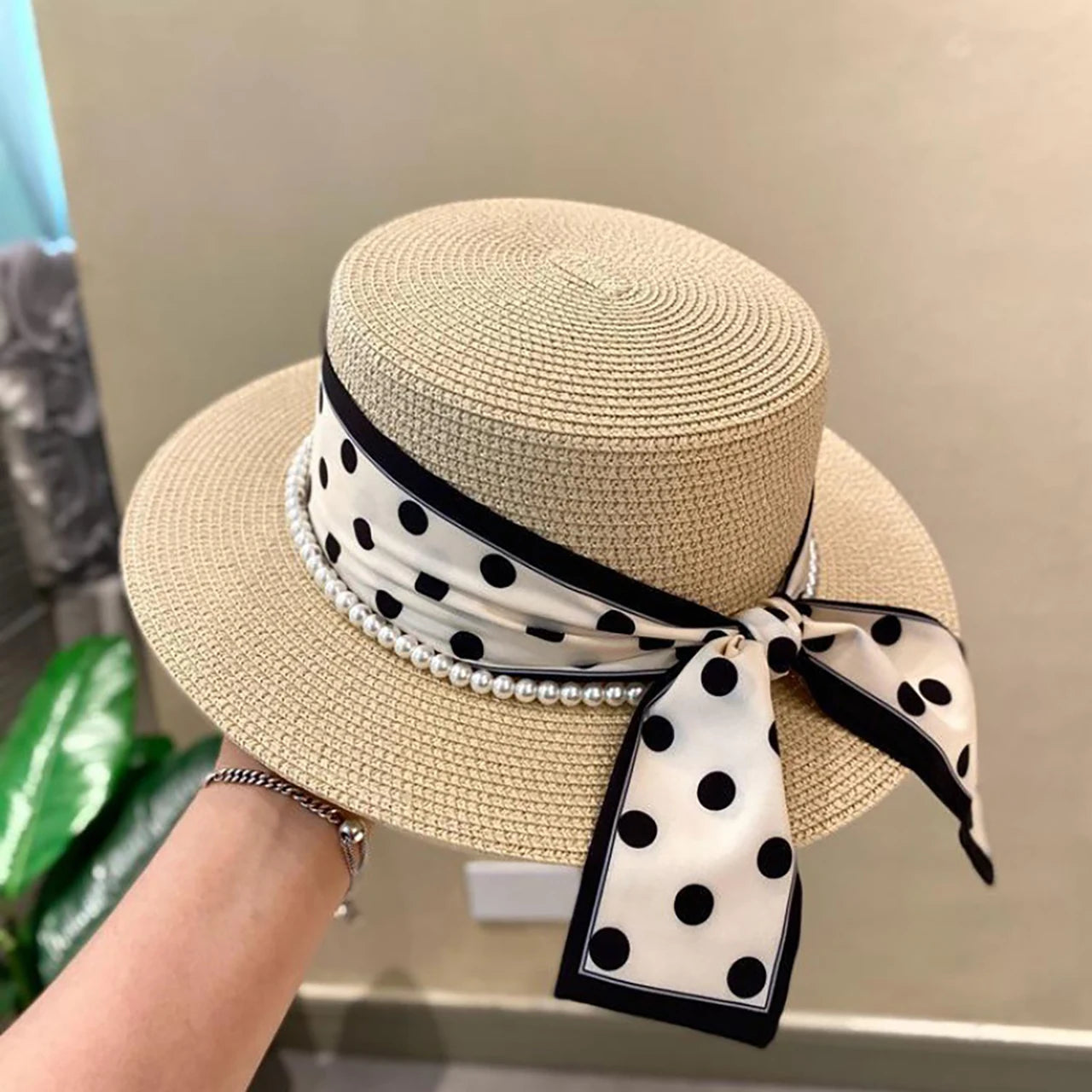 Straw Hat with Polka Dot Ribbon, Pearl, and  Wide Brim Sunshade