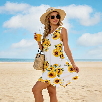 Sizes to 2XL, Sunflower Print Dress – Sleeveless, Loose Fit  Tunic, 8 Designs. Wear as a Dress or with Pants