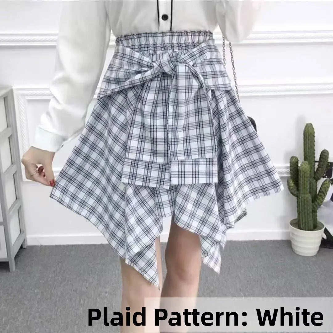 Sporty Street Style with Ruffle and Bow Tie Asymmetrical Hankie Hemline Elastic Waist, Plaid Patterned Skirt--Sizes 58 Centimeter Waist