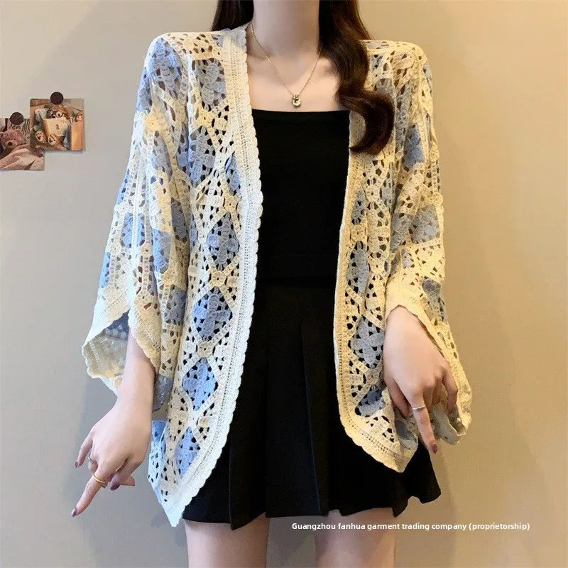 Bohemian Style Hollowed-out Long Sleeve Light Weight Sweater with V Neck and Batwing Sleeves