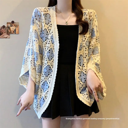 Bohemian Style Hollowed-out Long Sleeve Light Weight Sweater with V Neck and Batwing Sleeves
