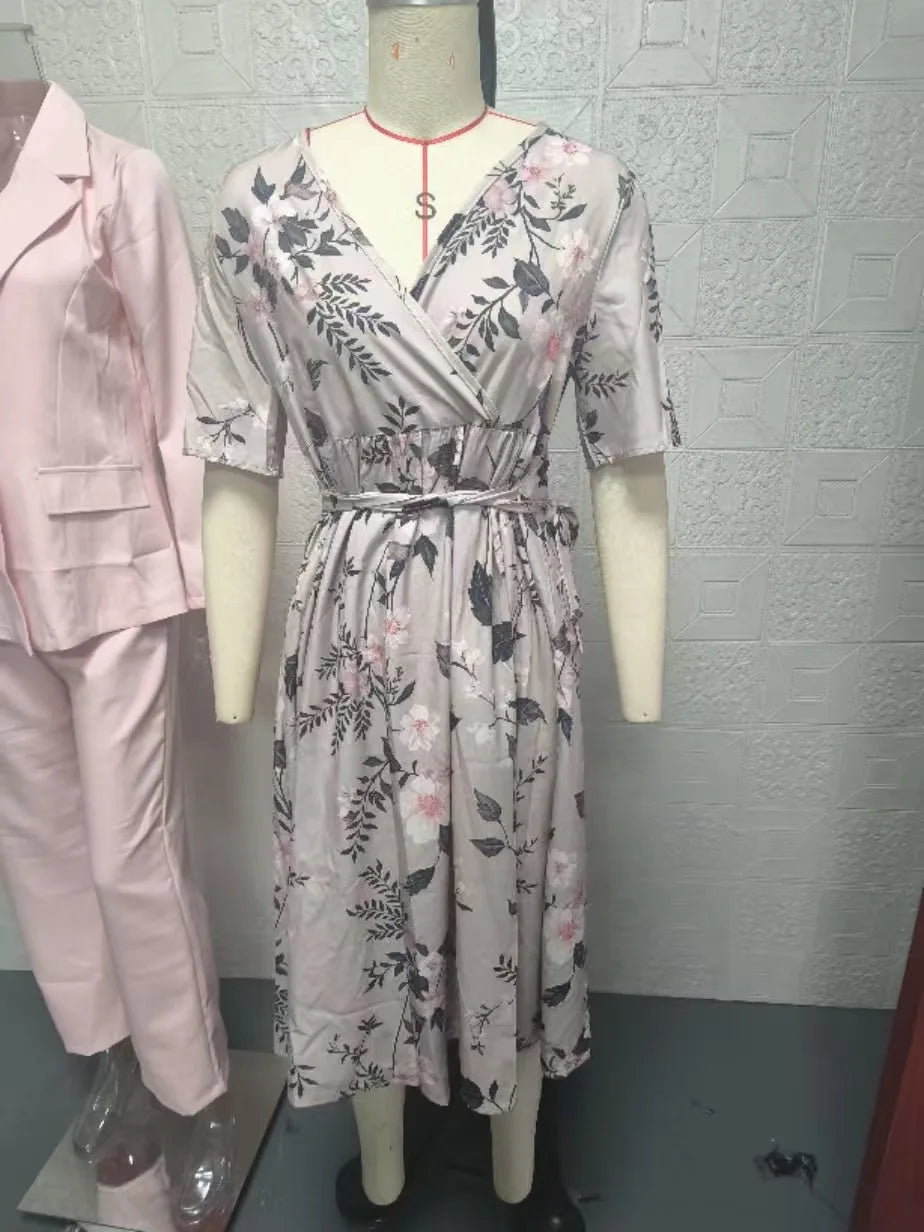 Sizes to 3XL, Loose, Casual, V-neck, Crisscross Top, Tie Waist, Bell Sleeves, Floral Printed Dress