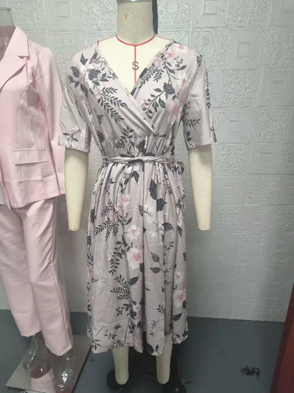 Sizes to 3XL, Loose, Casual, V-neck, Crisscross Top, Tie Waist, Bell Sleeves, Floral Printed Dress