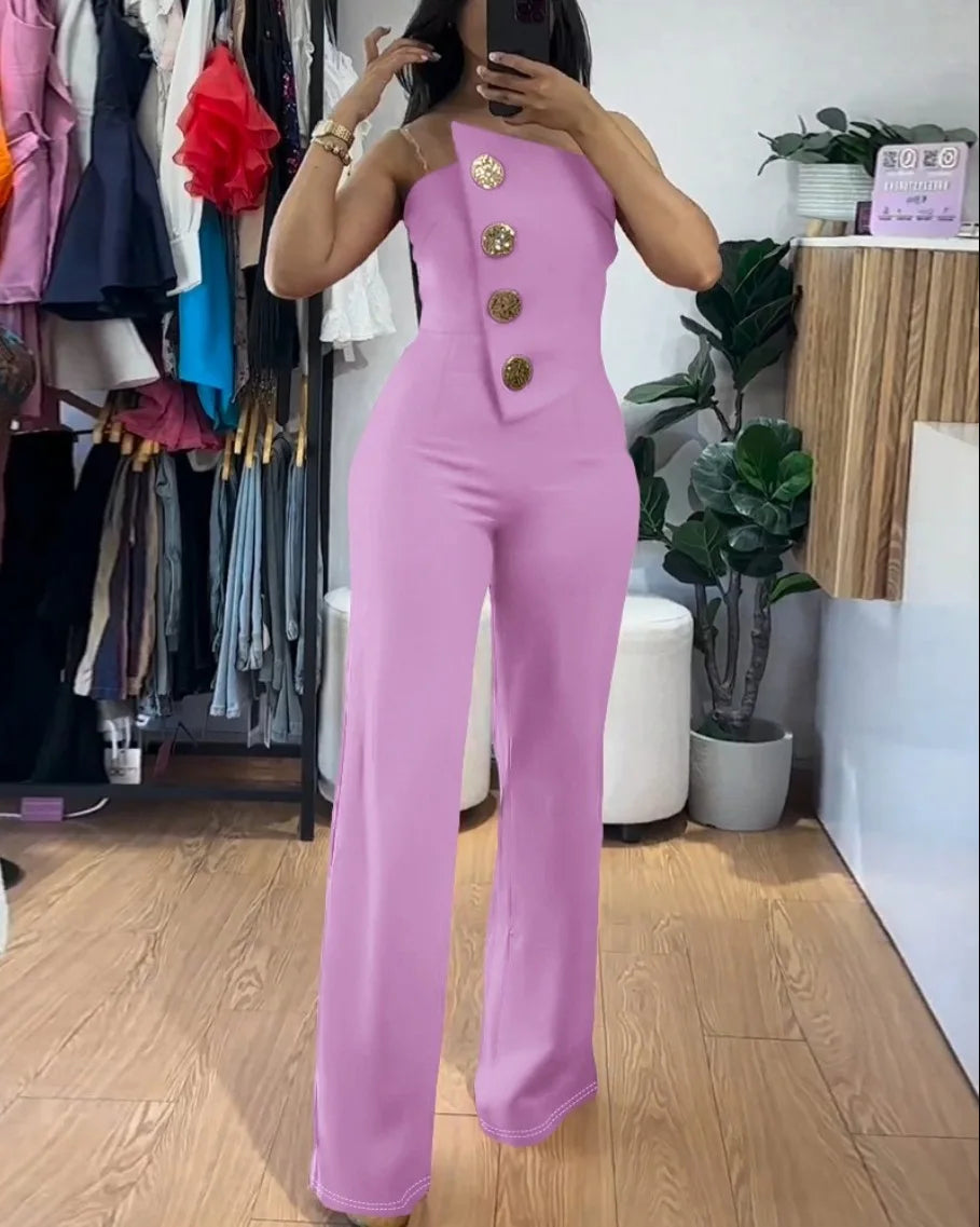 Asymmetrical Bandeau Strapless Jumpsuit Metal Buttons long pants, strapless