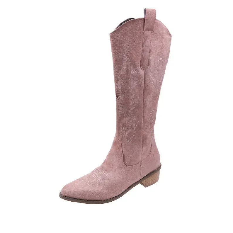 Embroidered Western Cowgirl Knee Boots with Pointed Toes and Thick Heels, High Knee Boots, PU Leather in Light and Medium Brown, Beige, and Pink