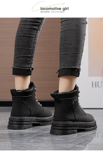 High Top Work Boots, Thick Soled, Lace-Up, Anti-Slip Warm Waterproof Women's Boots in Black and Marigold