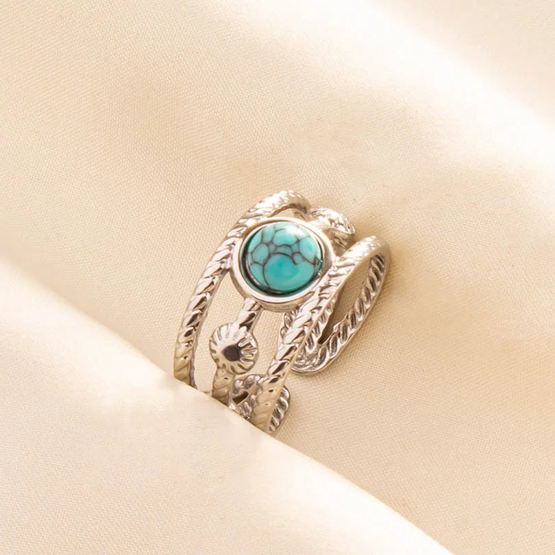1pc Boho Turquoise Ring Stainless Steel Light Blue Gemstone Silver Adjustable Ring