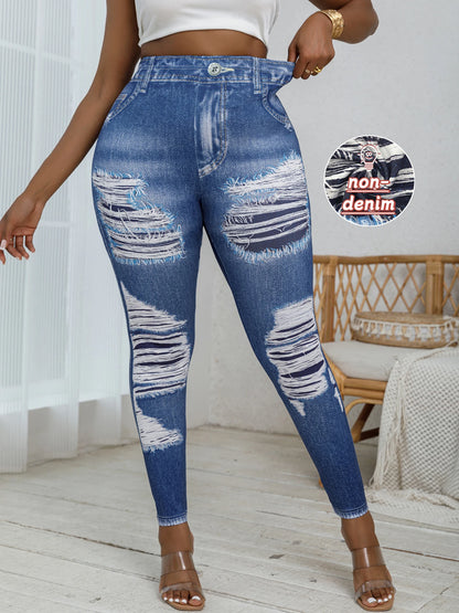 Plus Size to 4XL Women's Tight Imitation Denim Printed Ripped Pattern High Waisted Elastic