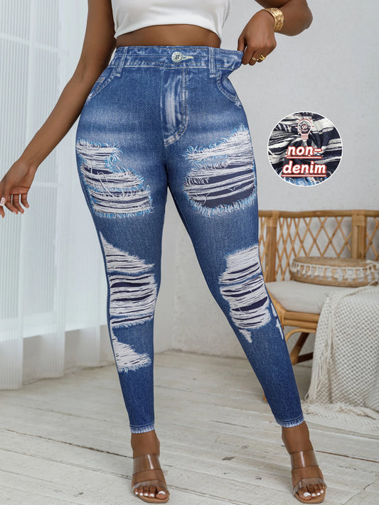 Plus Size to 4XL Women's Tight Imitation Denim Printed Ripped Pattern High Waisted Elastic
