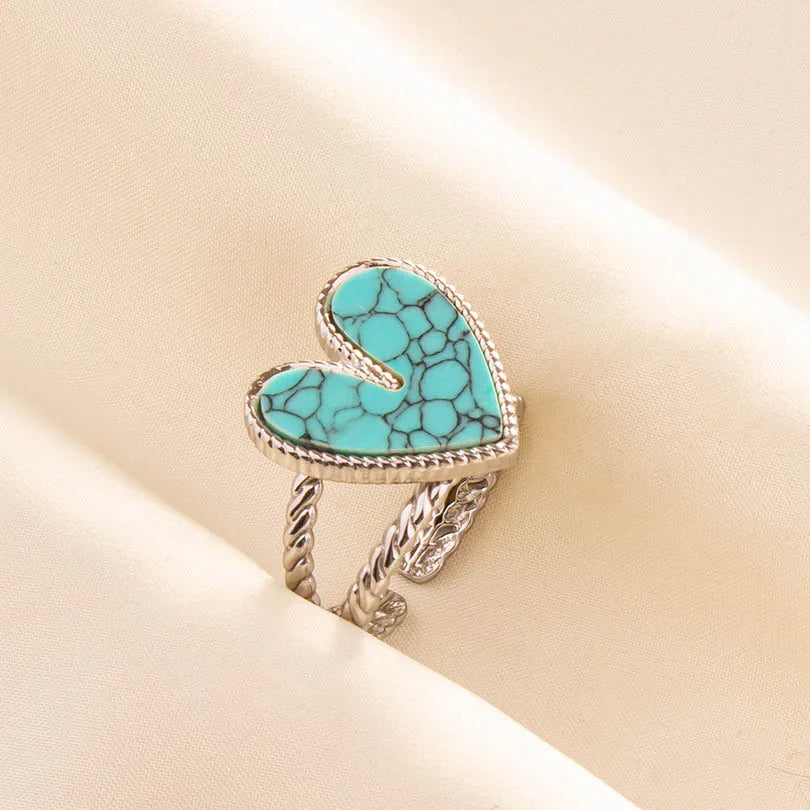 1pc Boho Turquoise Ring Stainless Steel Light Blue Gemstone Silver Adjustable Ring