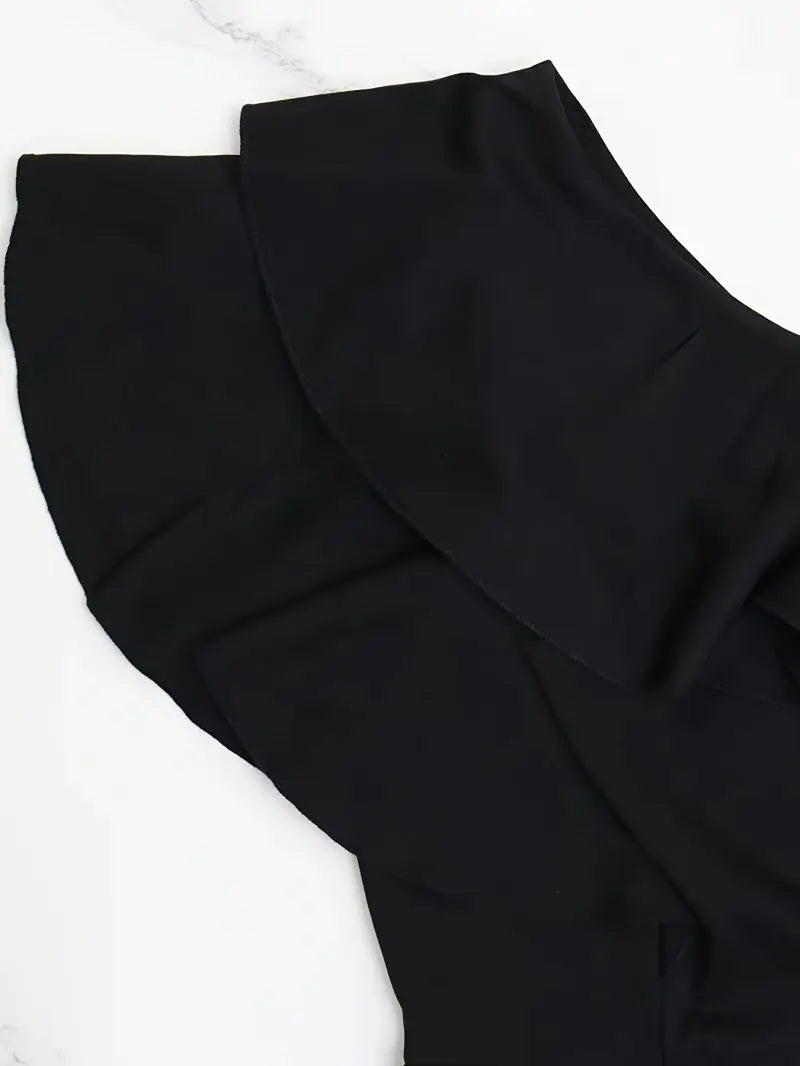 High-End Black Jumpsuit Slanted Shoulder Ruffle Edge Cinched Waist Slimming Effect Wide Leg Pants