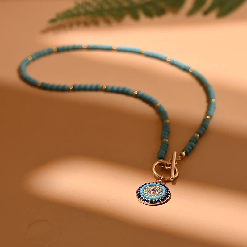 4mm Colorful Stone Choker Necklace Round Charm Pendant with interesting Clasp
