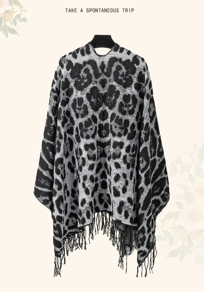 Vintage Boho Leopard Print Soft Over-the-Head Cloaks With Tassels
