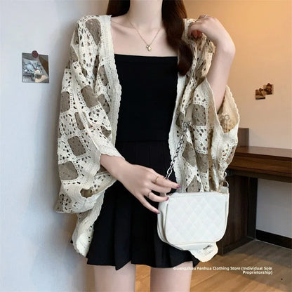 Bohemian Style Hollowed-out Long Sleeve Light Weight Sweater with V Neck and Batwing Sleeves
