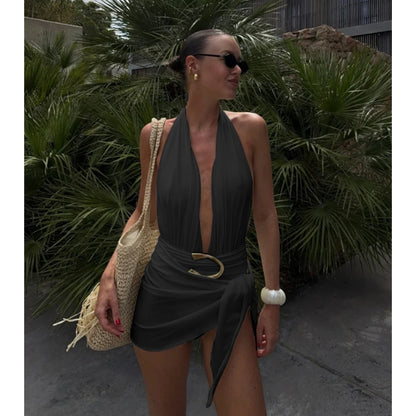 Two-Piece Swimsuit with Plunging Neckline Halter Top Swimwear with SSwiikirt cover-up