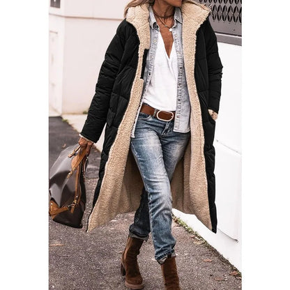 Reversible Sherpa Fleece, Long, Hooded Puffer Coats. Check colors: Brown, Green, Black, Burgundy, Light Gray
