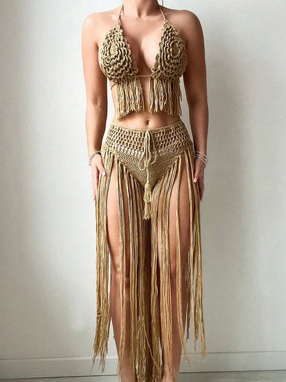 Floral Crochet Flower Halter Top with Long Tassels on Top and Long  Fringe on Bottoms, Tie Top and Bottoms