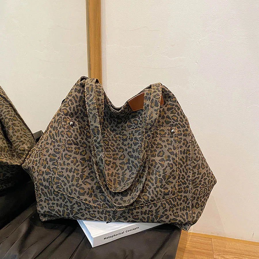 Leopard Pattern Tote Bag Vintage Canvas Shoulder Bag Big Capacity Handbag