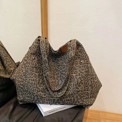 Leopard Pattern Tote Bag Vintage Canvas Shoulder Bag Big Capacity Handbag