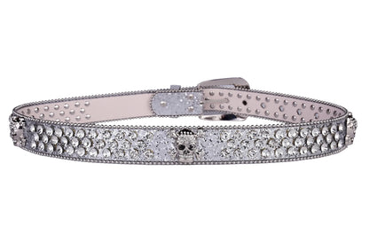 Rhinestone Skull Belt with Studded PU Leather Country or Punk Belt. Also in Silver and Pink PU Leather