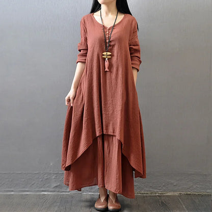 Boho Vintage Cotton and Linen with Pockets, Double Layer Swing Dress