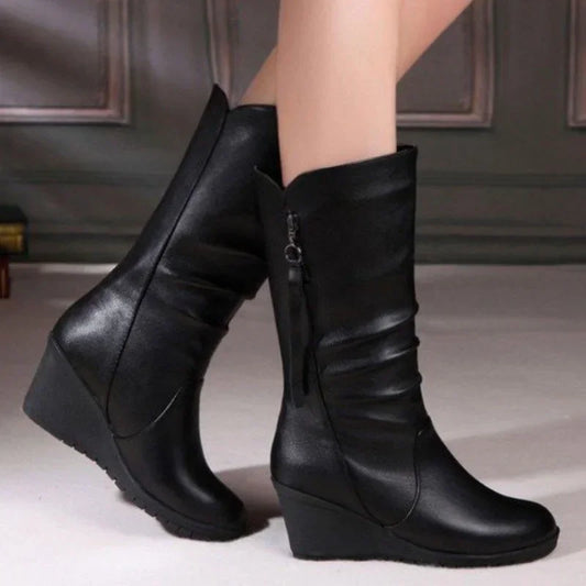 Boots with Wedged Heels, Thick Warm Wool Lining, Mid-calf Snow Boots