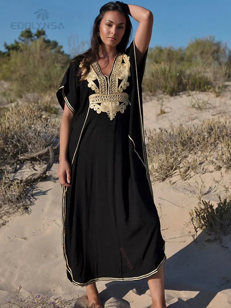 Embroidered 3/4 Sleeve Cotton Kaftan Swimsuit Cover Up Lounging Robe . 14 Designs