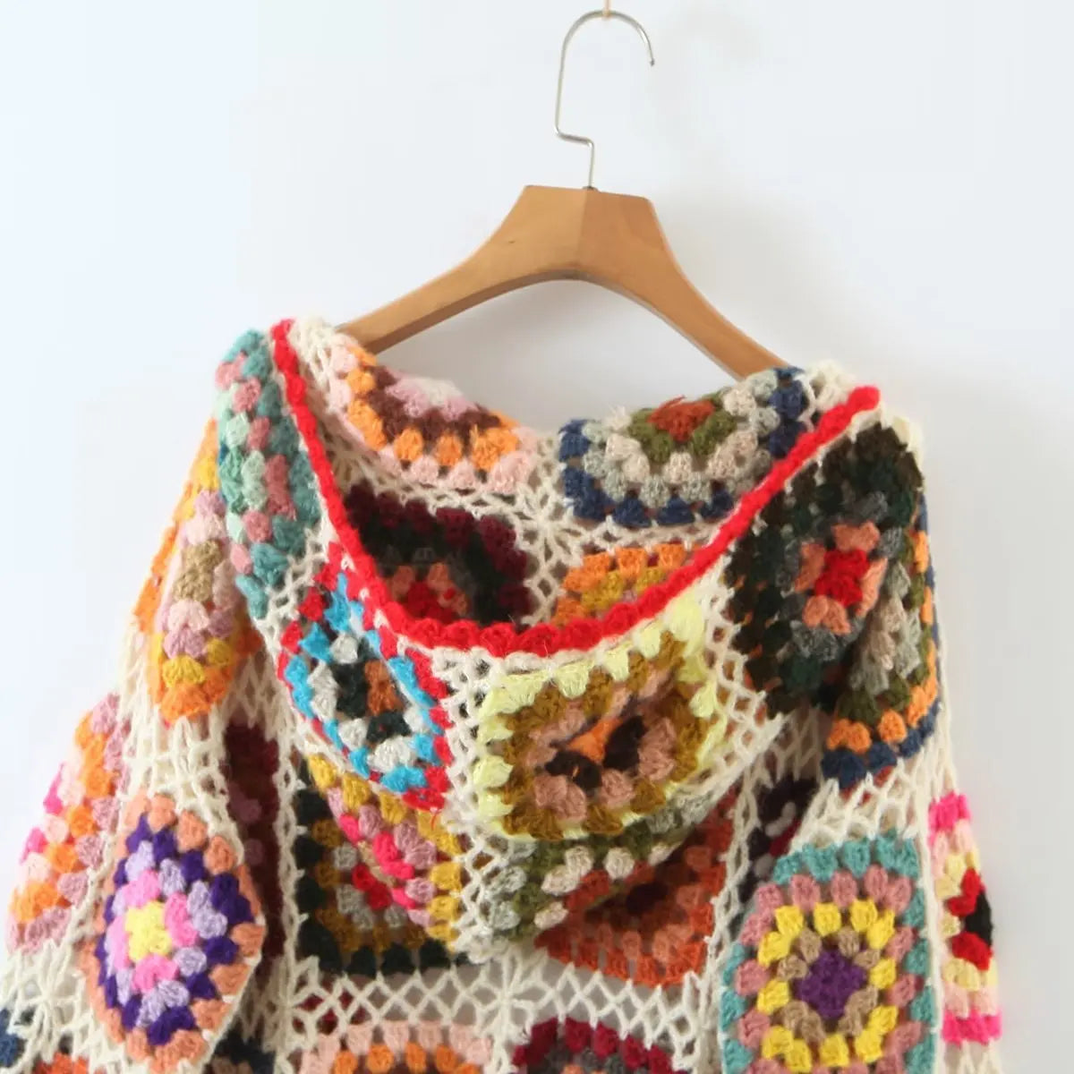 Boho hand-made crocheted cardigan, Square pattern, loose knitted cardigan, Hooded with long sleeves