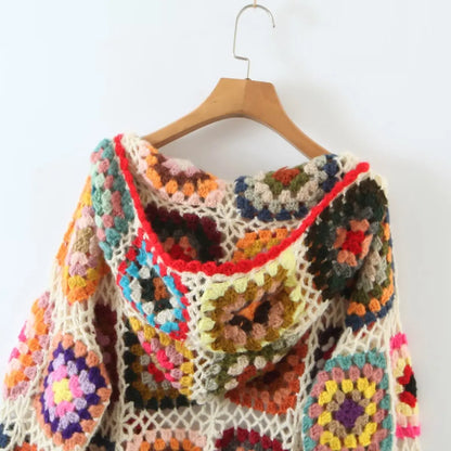 Boho hand-made crocheted cardigan, Square pattern, loose knitted cardigan, Hooded with long sleeves