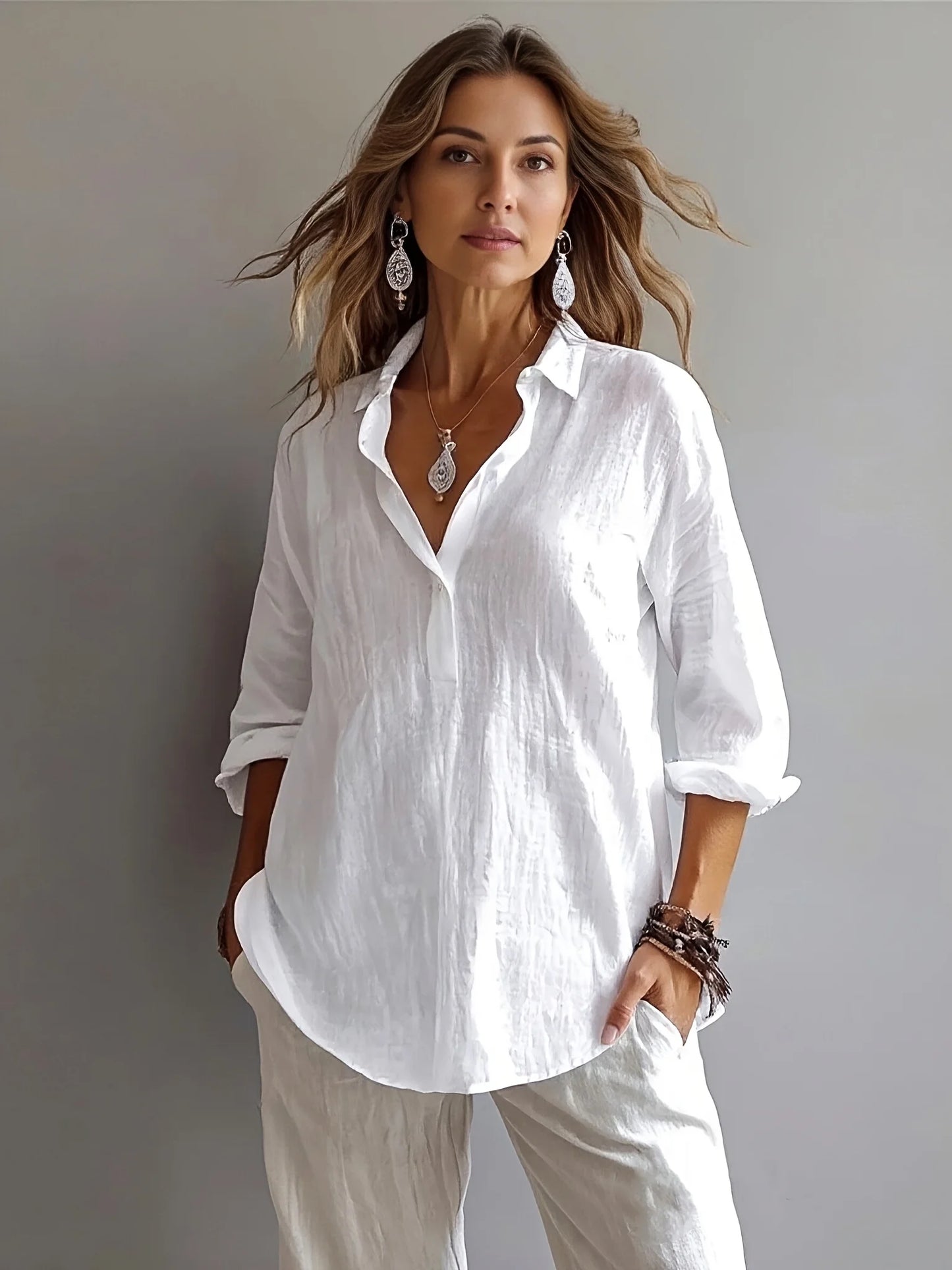 Sizes to 2XL Women's loose linen cotton blend Half -0pen collar casual pullover shirt