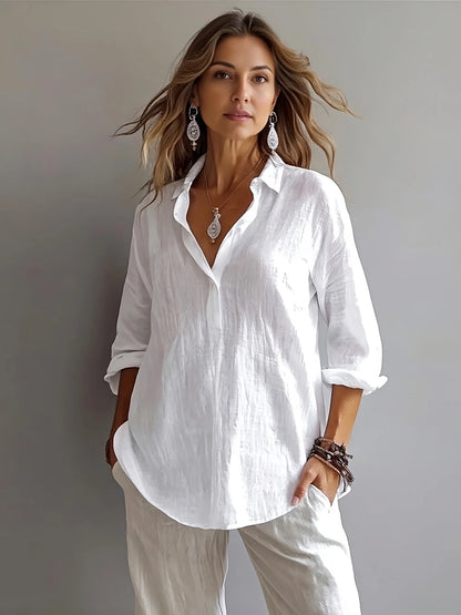 Sizes to 2XL Women's loose linen cotton blend Half -0pen collar casual pullover shirt