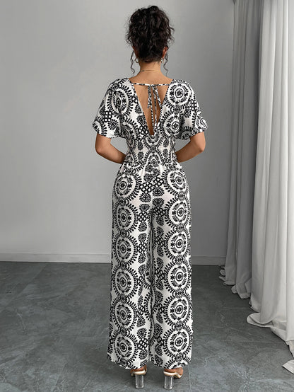 Bohemian jumpsuit short sleeves, Plunging V Neck Back with tie, Long wide legs