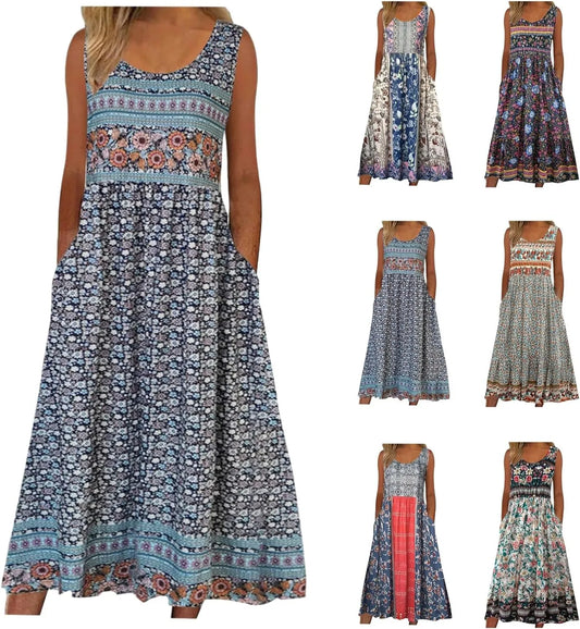 Sleeveless Boho floral casual  Midi length sundress with pockets and flowing loose Skirt. 7 Different patterns Up to 2XL