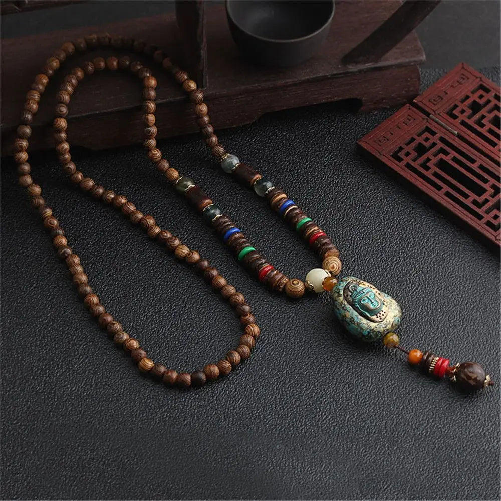 Long Wooden Beaded Tassel Boho  Necklace Nepal Wood Beads