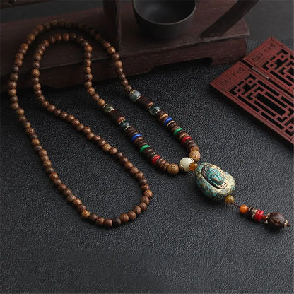 Long Wooden Beaded Tassel Boho  Necklace Nepal Wood Beads