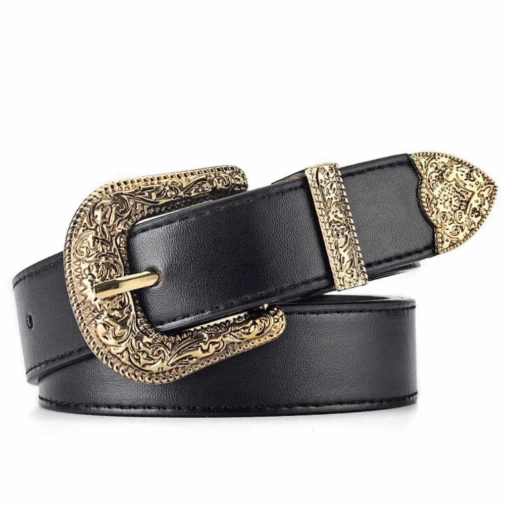 Vintage Carved Needle Buckle Belt PU Leather Belt