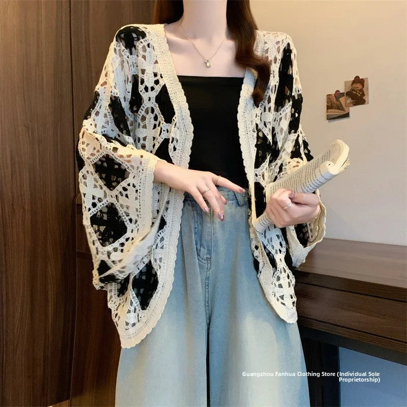 Bohemian Style Hollowed-out Long Sleeve Light Weight Sweater with V Neck and Batwing Sleeves