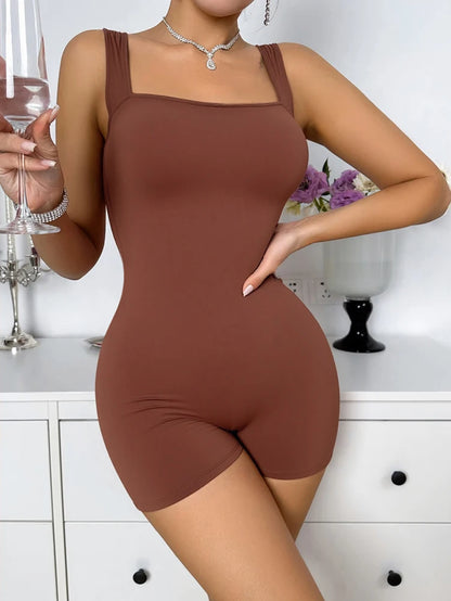 Plus Size Women's Square Neck Sleeveless Yoga Jumpsuit shorts Fitness Ribbed Knit Sportswear