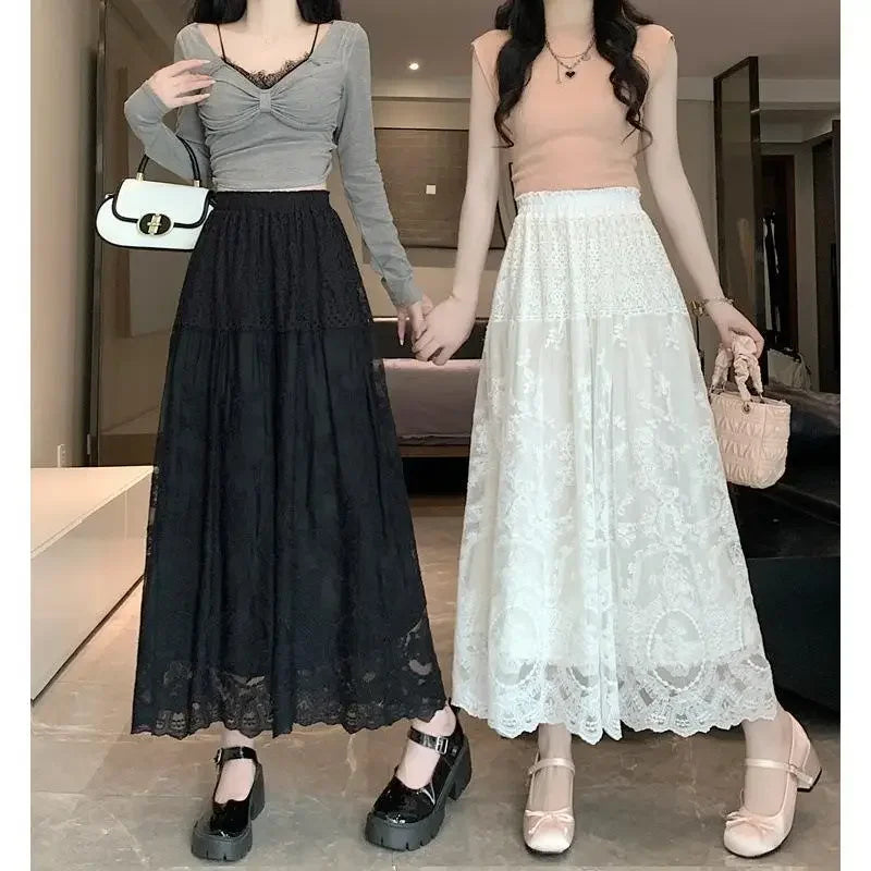 Plus Size to 4XL Lace Midi Skirt  Elastic Waist