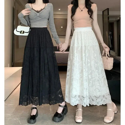Plus Size to 4XL Lace Midi Skirt  Elastic Waist