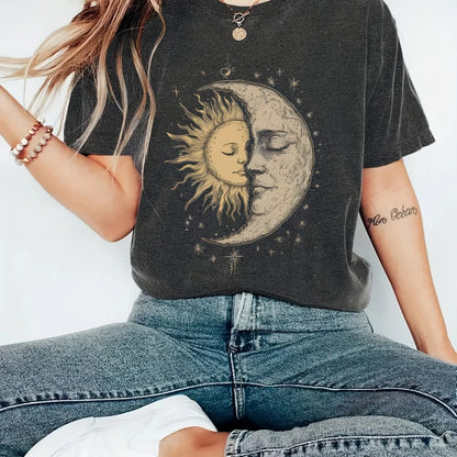 Bohemia T-shirt with Mysterious Moon and Sun Face Pattern Print, Retro Hippie