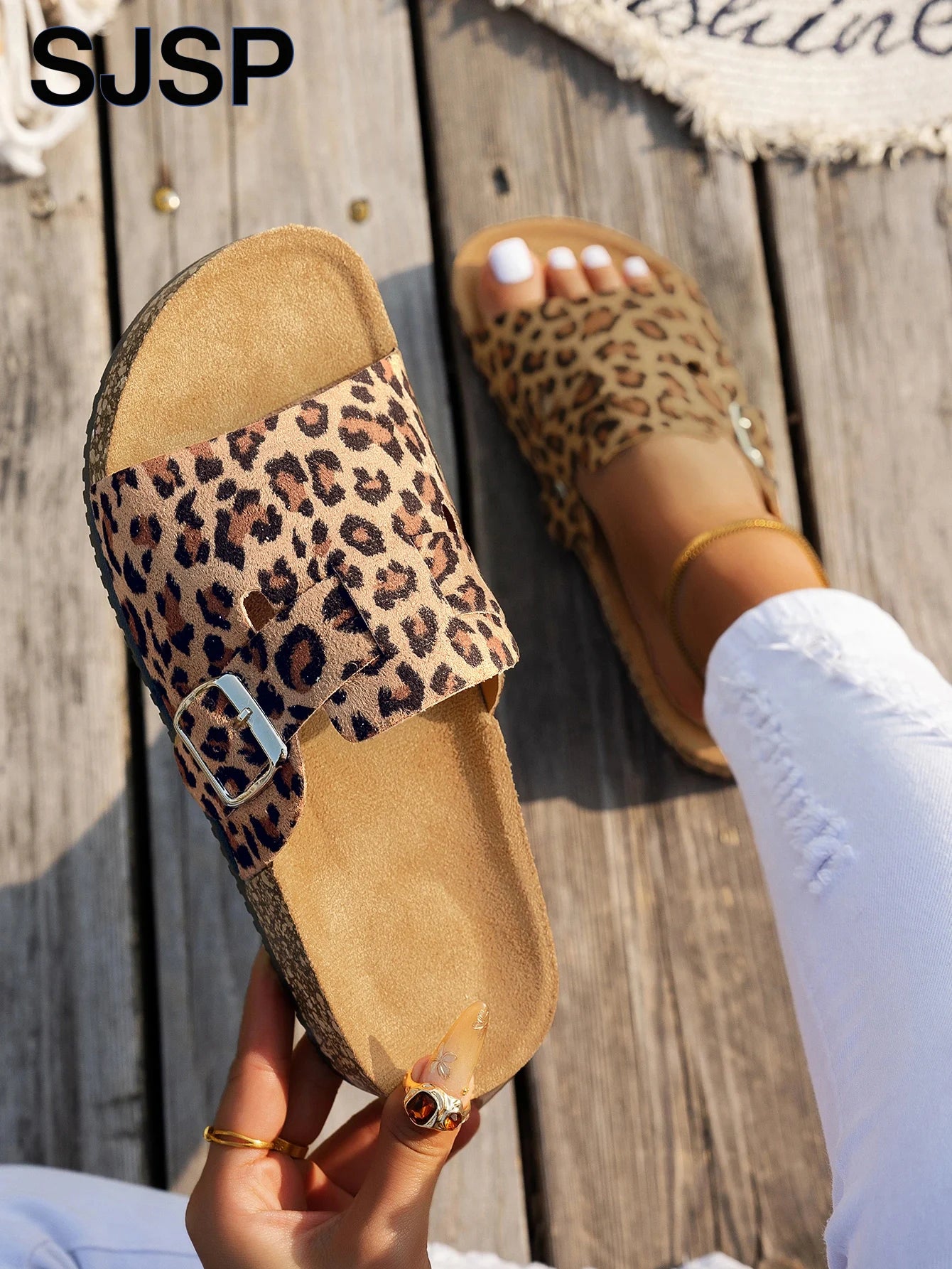 Open-Toe Sandals, Brown Cork Sole Sandals, Leopard Print Slides with Adjustable Buckle Straps