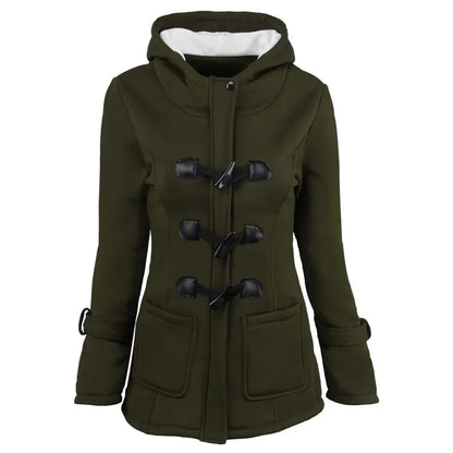 Hooded Women's Overcoat, Zipper Closure with Button Decorations and Pockets