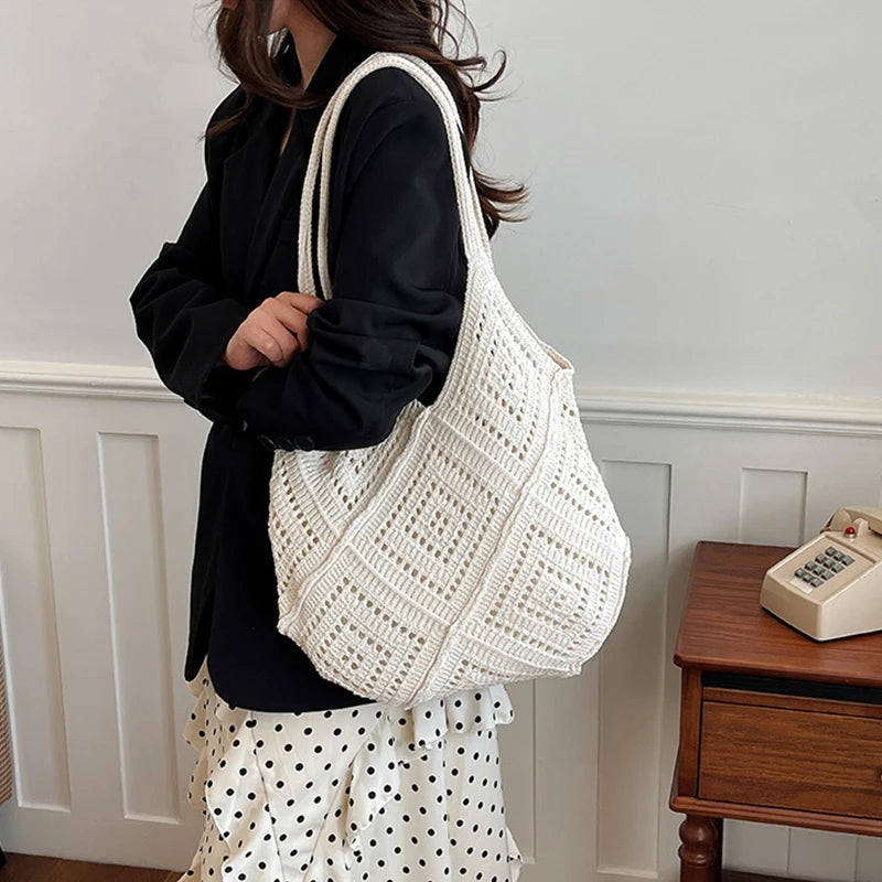 Hollowed Out Yarn Weaved, Large Capacity Shoulder Bags in Red, White, and Tan