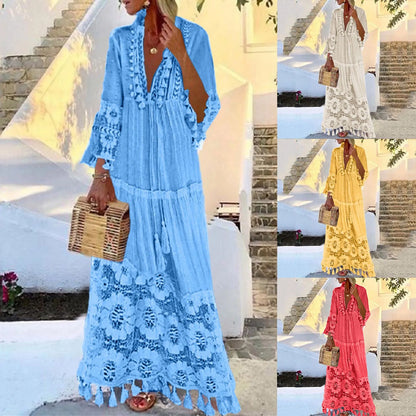 Sizes to 4XL Bohemian V-Neck Tassel Hems, Large Size, Lace flower tier, Casual Dress