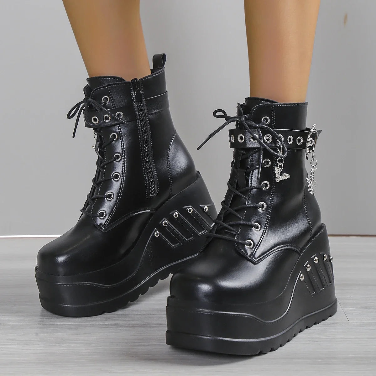Punk Goth Platform Heels Wedge Heeled Boots, Tie and Strap Closures