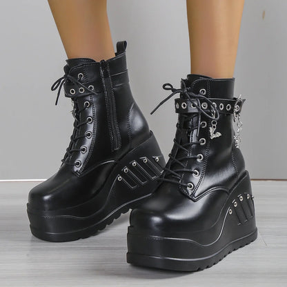 Punk Goth Platform Heels Wedge Heeled Boots, Tie and Strap Closures