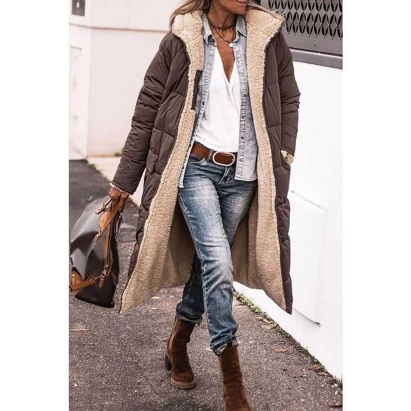Reversible Sherpa Fleece, Long, Hooded Puffer Coats. Check colors: Brown, Green, Black, Burgundy, Light Gray