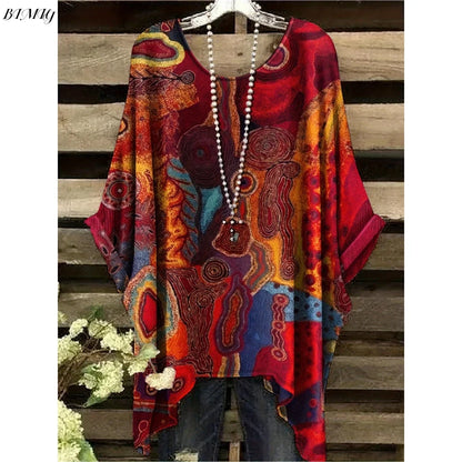 30 Different Style Bohemian Floral Tunics Plus Size to 3XL, 30 Vibrant Colors, Open Round Neck, Hankie Hem, Loose baggy sleeves