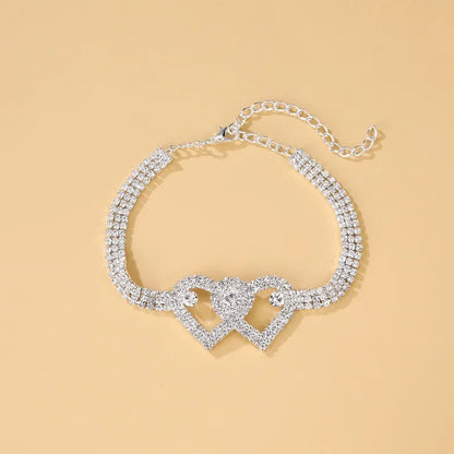 Double Heart Anklet with Crystal Cubic Zirconia Chain, Ankle Bracelet, Foot Jewelry